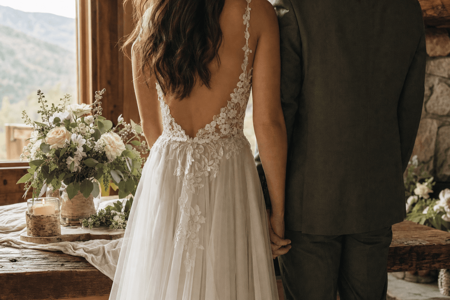 Bride and groom from behind, close up, no guest seating
