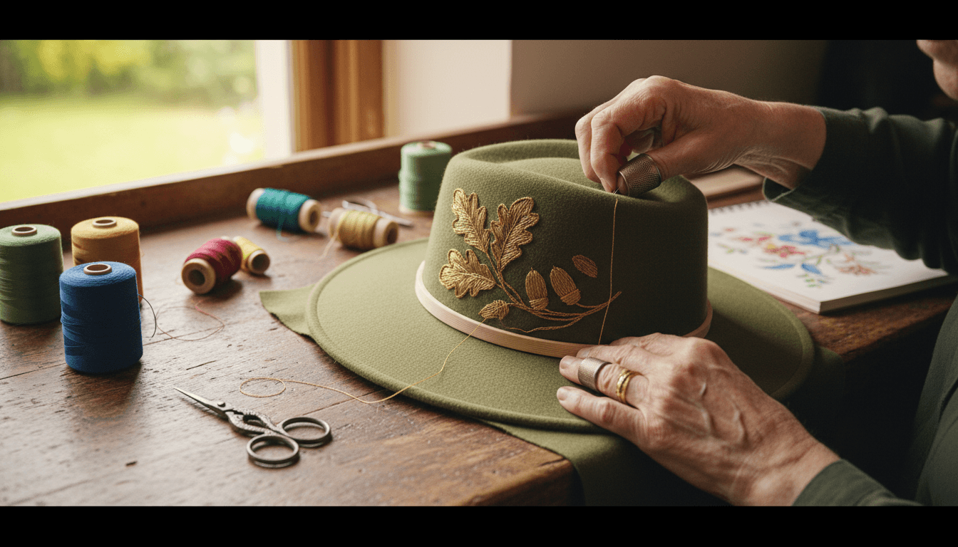 Artisan hands embroidering a hat with thread