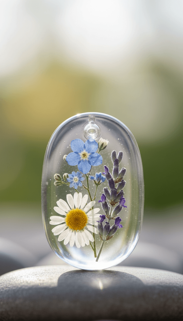 Resin pendant with dried wildflower suspended inside
