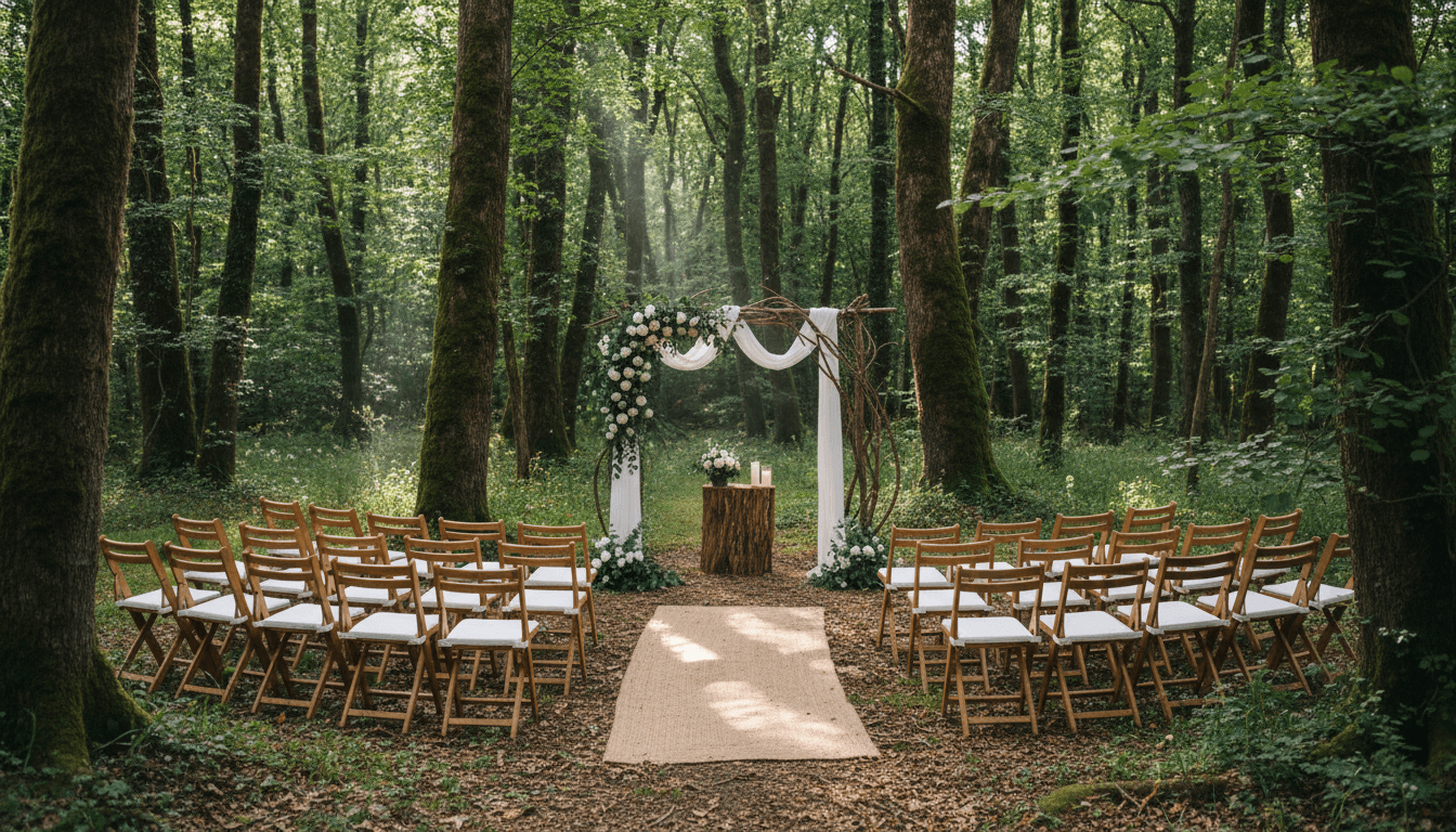 Intimate wedding ceremony setup in the woods