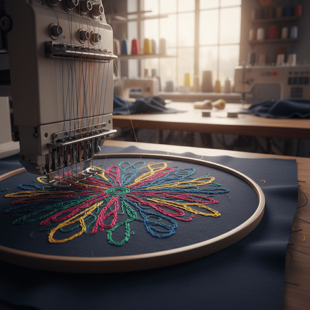Close-up of an embroidery machine stitching colorful thread onto a cap in the workshop