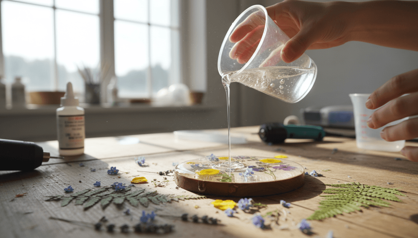 Hand pouring clear resin over dried flowers on a wooden table in a bright workshop