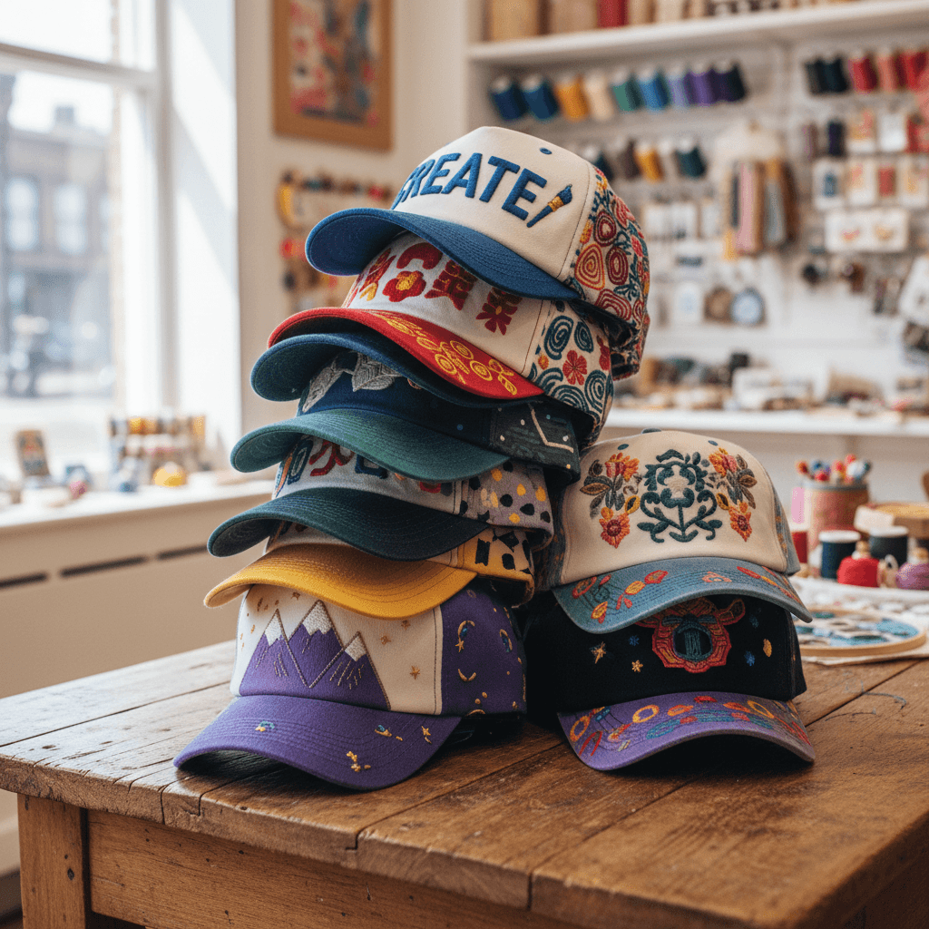 A stack of colorful embroidered baseball caps on a wooden table in the craft shop