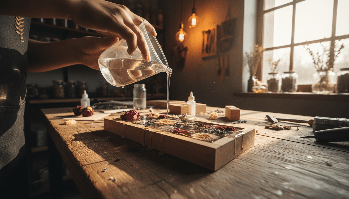 Artisan carefully pouring resin over dried flowers in warm workshop glow.