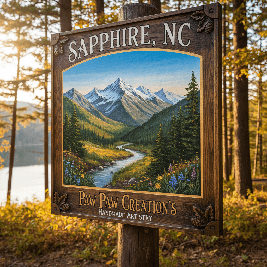Detailed wooden sign with a mountain scene, reflecting artisanal craftsmanship.