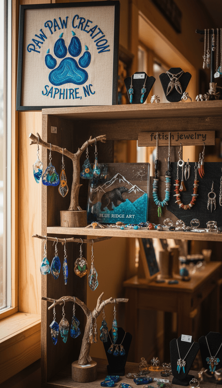 Handmade jewelry and resin art displayed on a wooden shelf in a specialty shop.