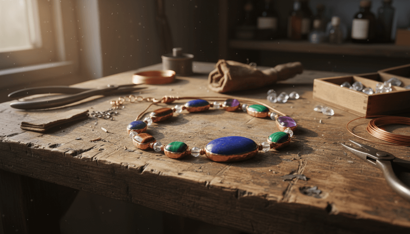 Gemstone necklace on a workbench