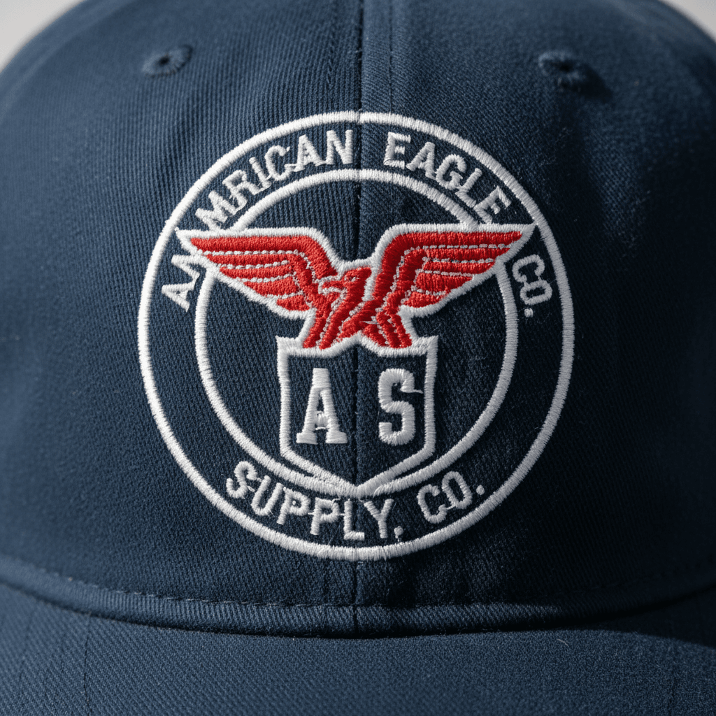 Close-up of a custom embroidered logo on a baseball cap