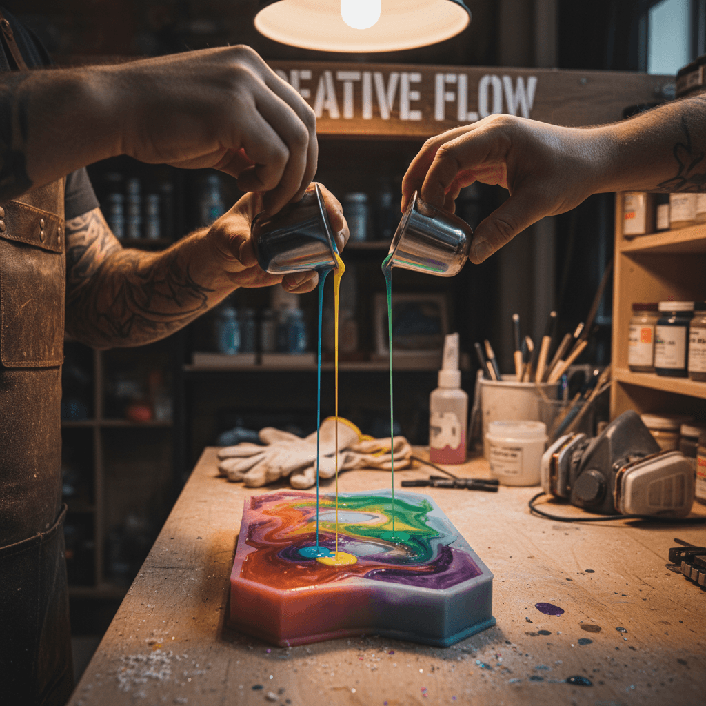 Close-up of resin being poured into a mold by hand