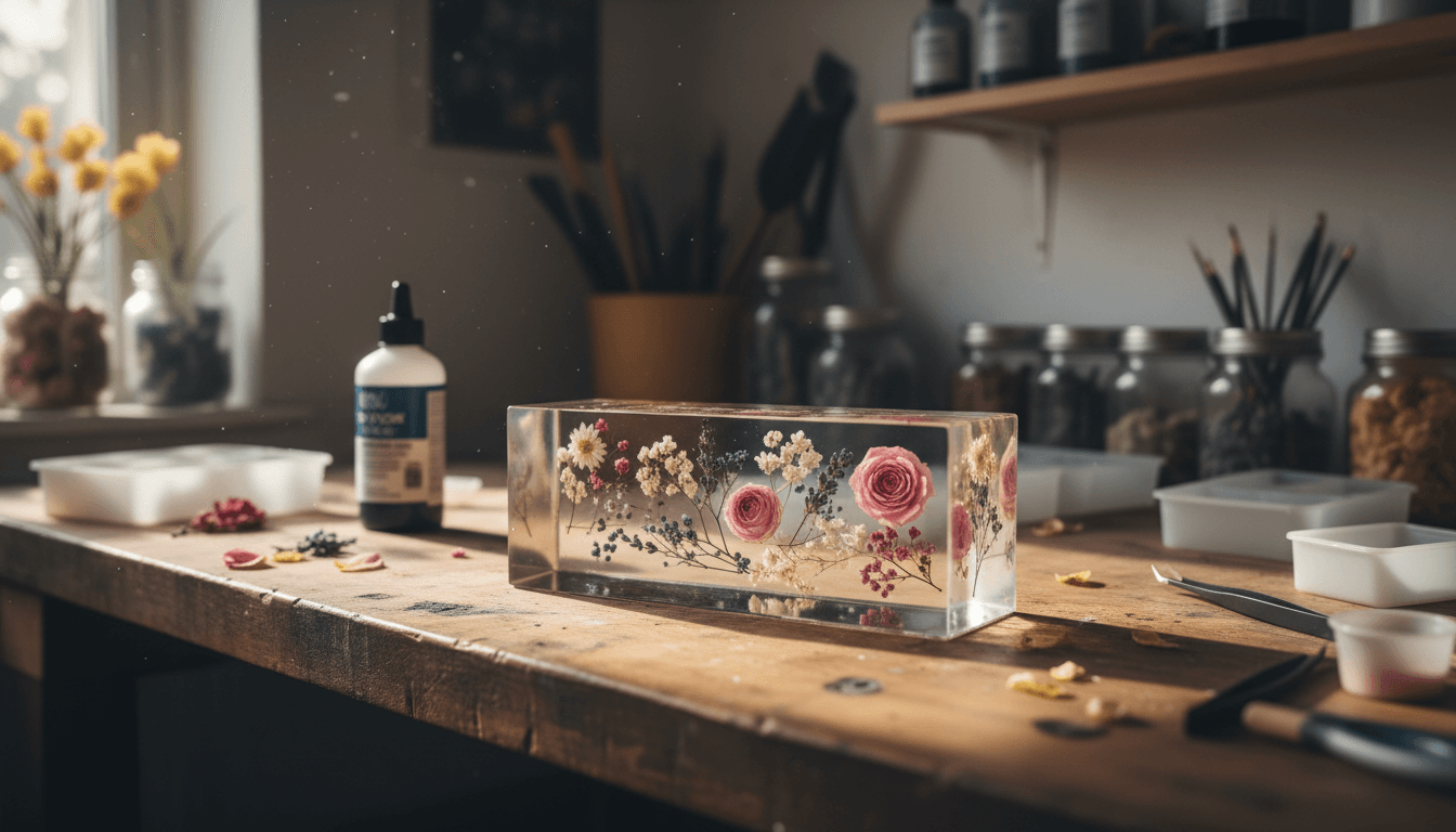 Preserved flowers set in a clear resin keepsake