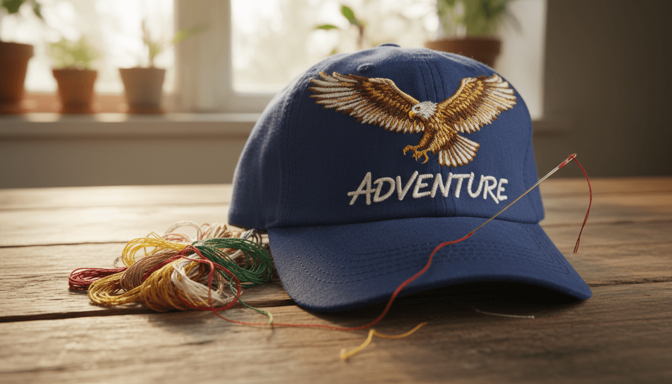 Close-up of an embroidered hat with thread and needle on a wooden table