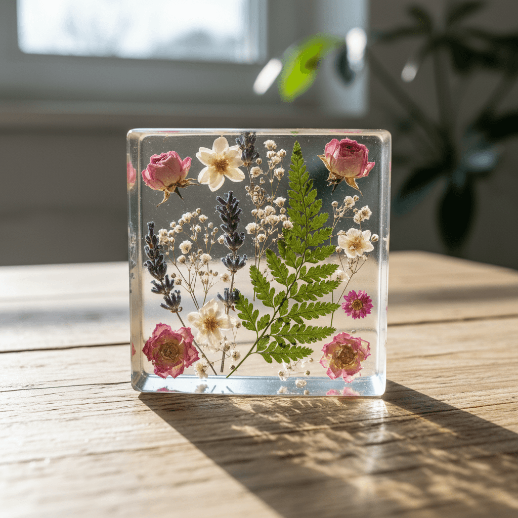 Preserved flowers suspended in a clear resin block