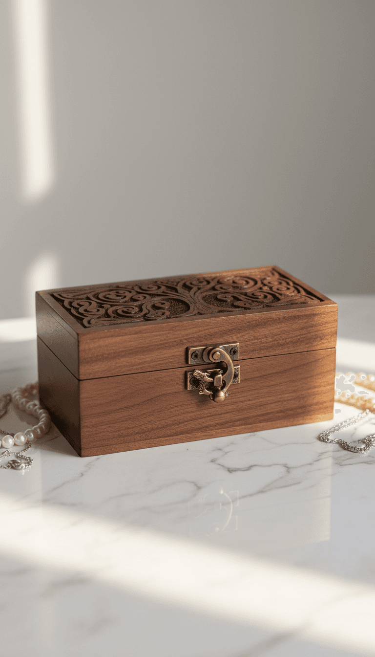 Carved wooden jewelry box with brass clasp