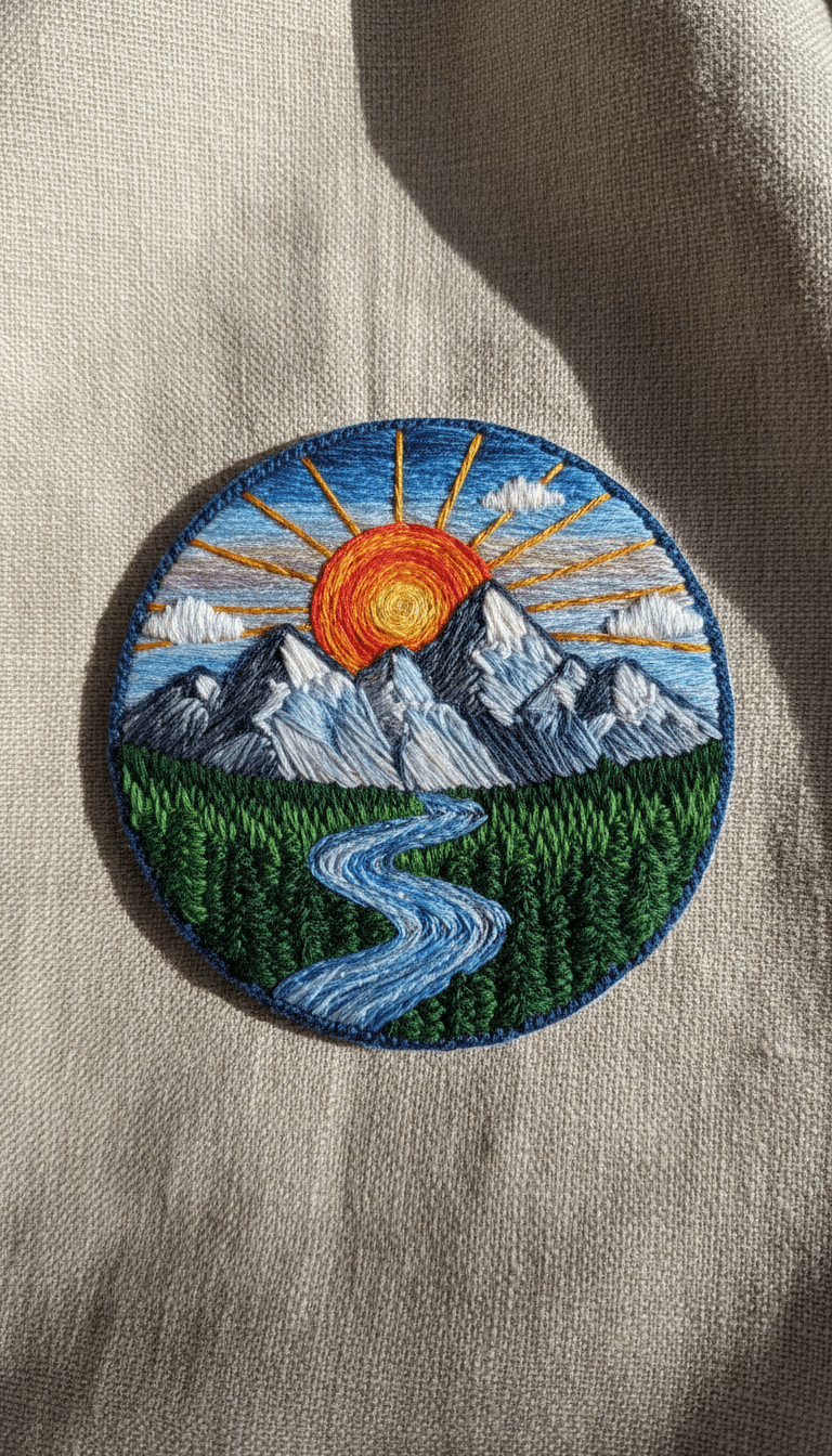 Finished embroidered patch with mountain scene design displayed on linen
