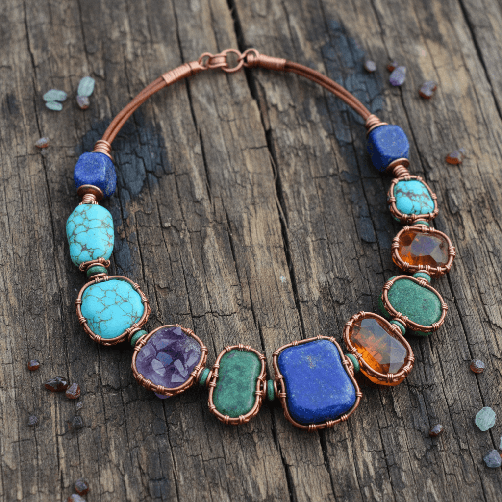 Handcrafted gemstone necklace with natural stones on a rustic wood surface