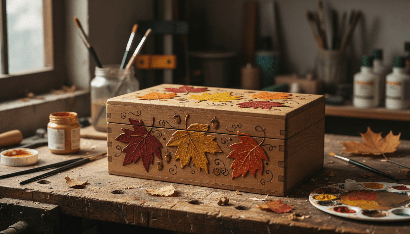Hand painted wooden treasure box with autumn leaves design on a workbench