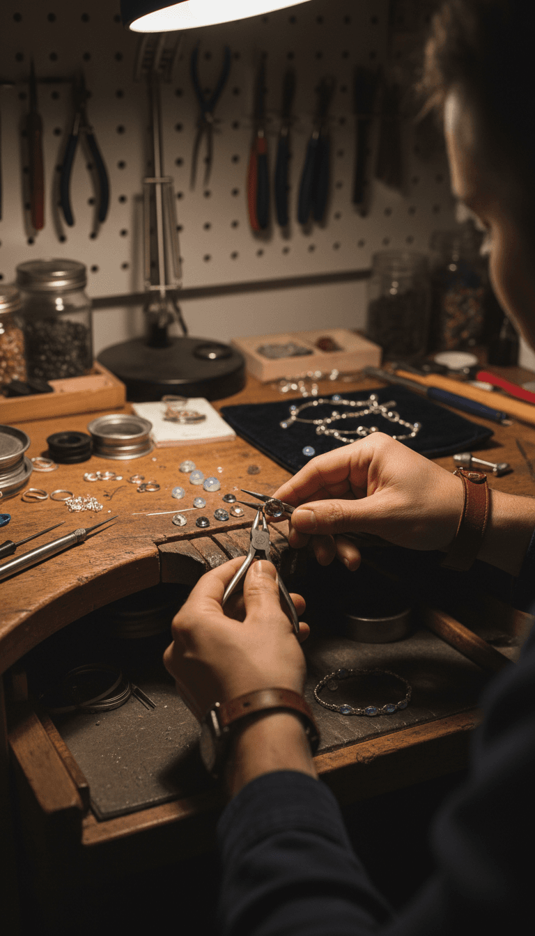Gemstone bracelet being crafted with small tools at a workbench