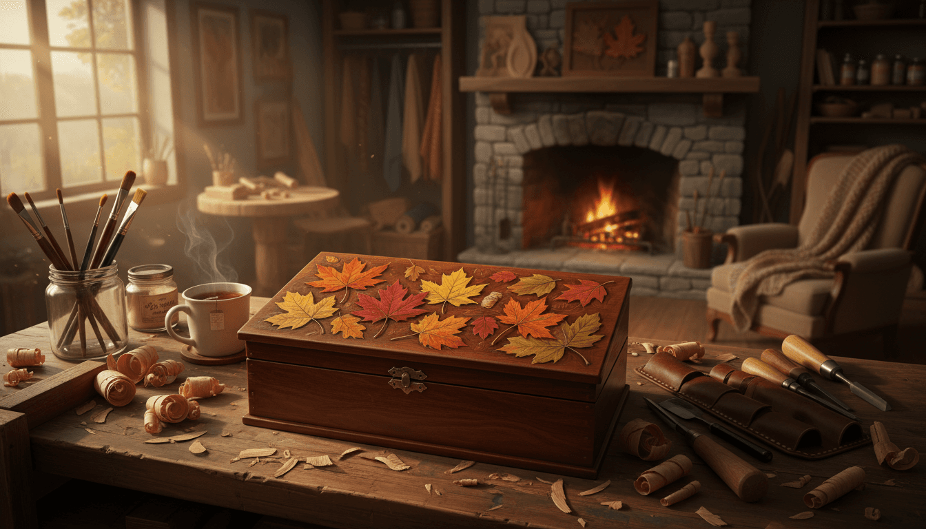 Handcrafted wooden box with painted autumn leaves in a cozy workshop