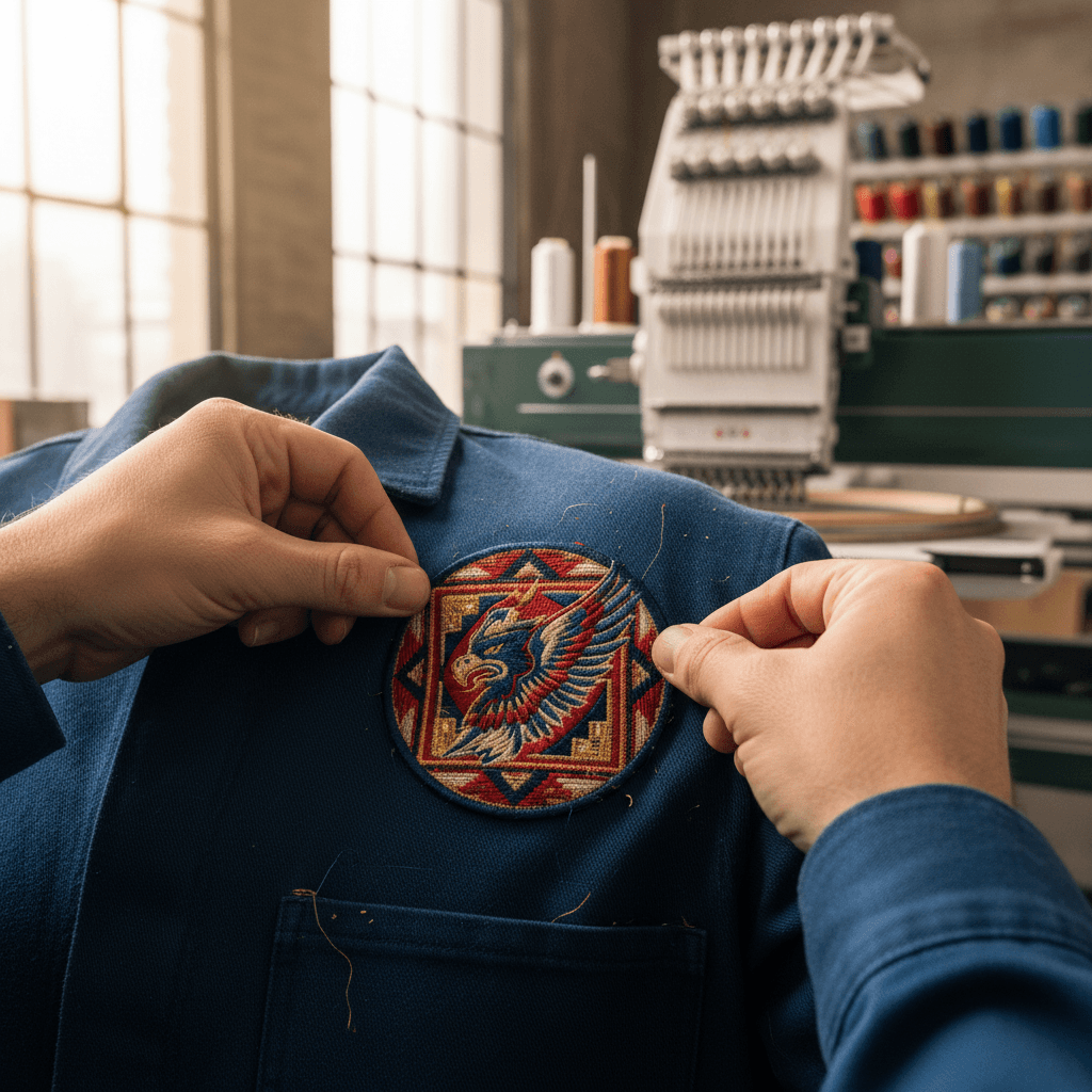 Skilled hands carefully positioning vibrant embroidered patch onto jacket fabric with precision needle work visible