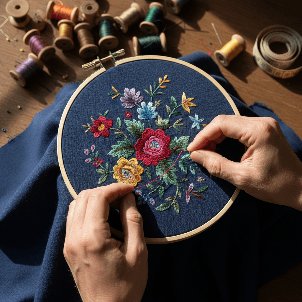 Embroidery in progress with colorful thread