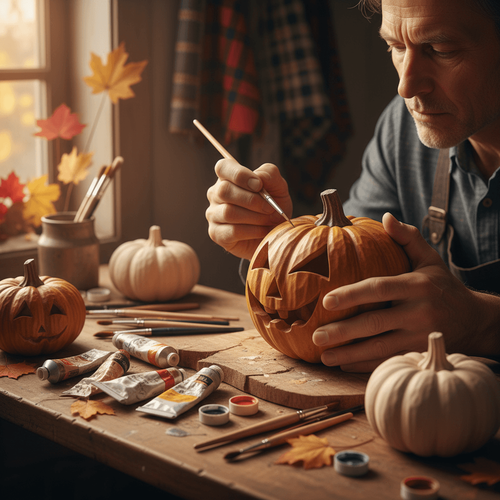 Wooden box decorated with painted autumn leaves