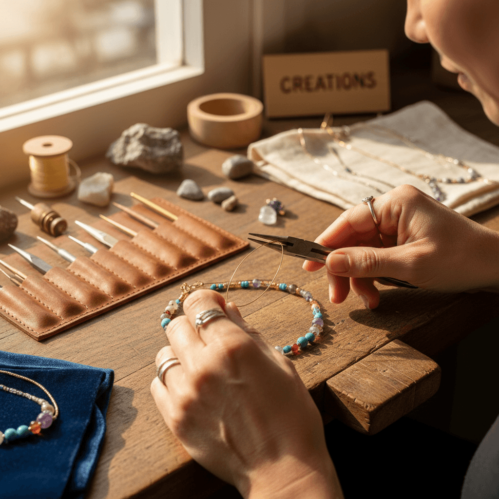 Handcrafted beaded necklace with natural gemstones on a wooden surface