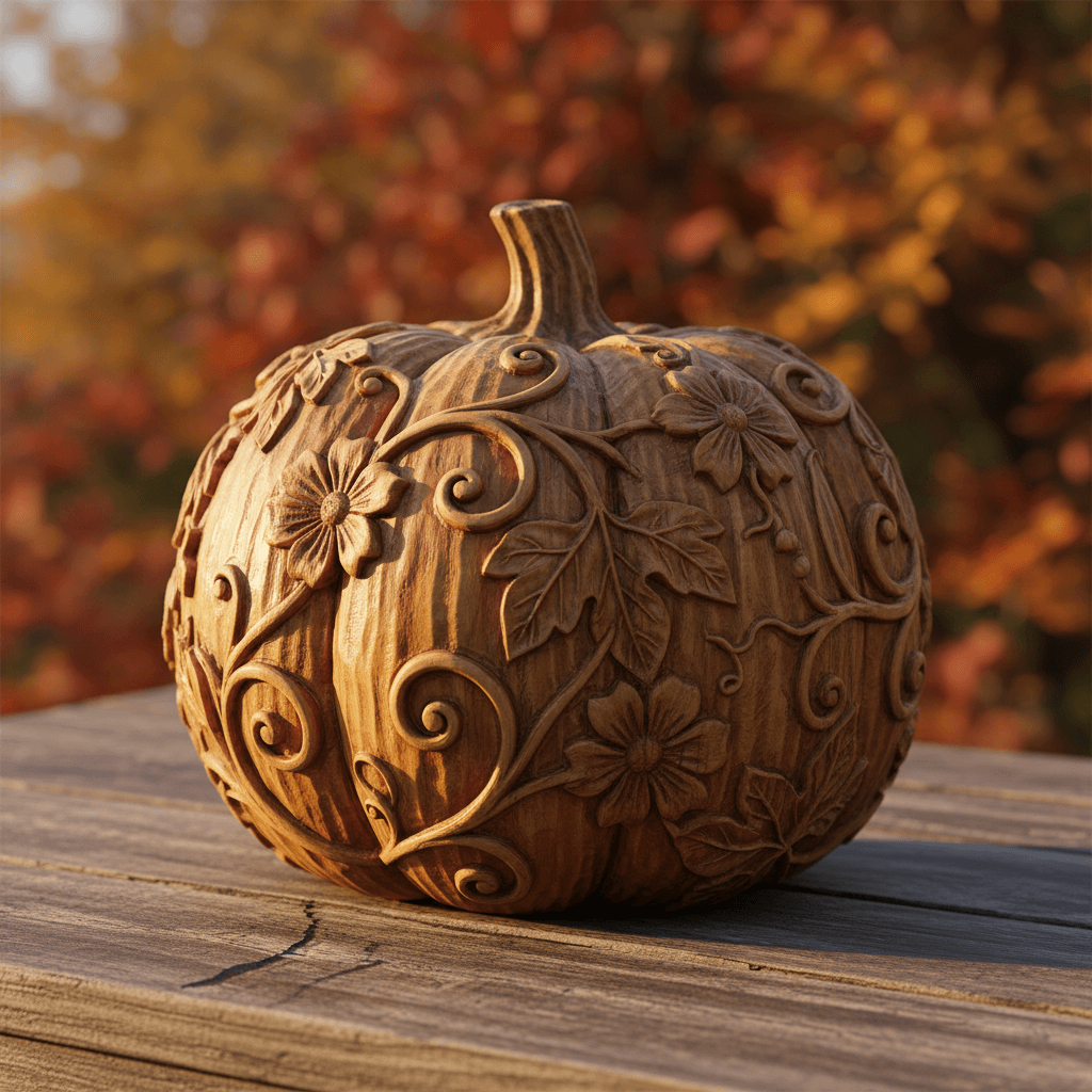 Handcrafted wooden box with painted autumn leaves sitting on a rustic table