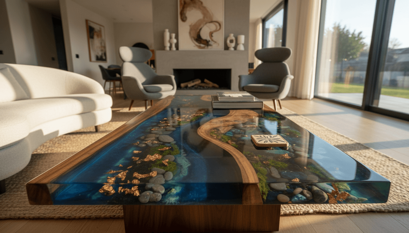 Custom resin table with themed design displayed in modern living room as statement furniture piece, natural lighting highlighting artisan craftsmanship