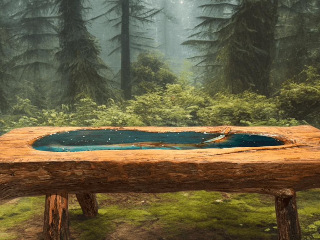Rustic wooden table with a blue resin river inlay, set in a misty forest.