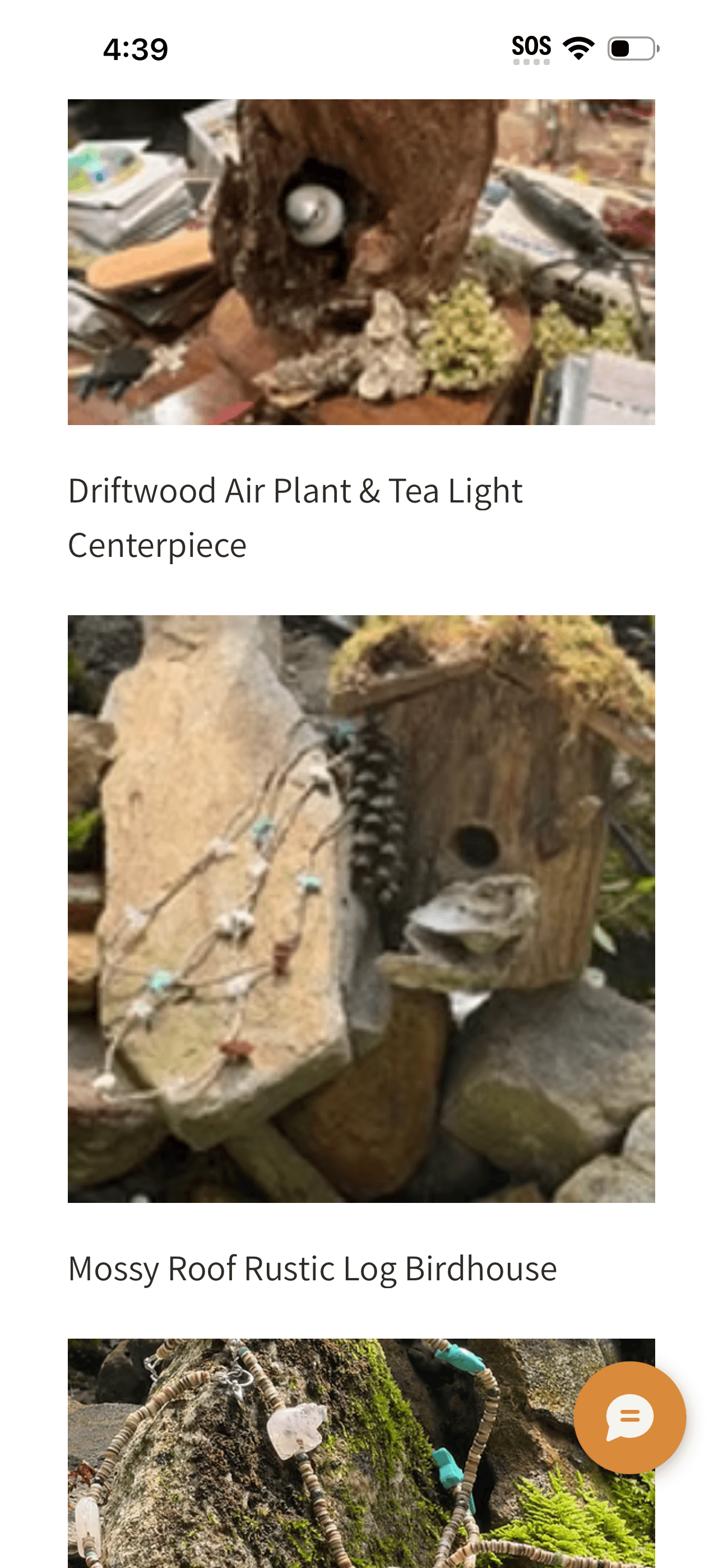 Rustic crafts including a driftwood tea light centerpiece and a mossy roof log birdhouse.